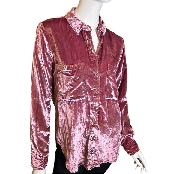 Pilcro Anthropologie Relaxed Velvet Button Down Pink Mauve Shirt Size Small - Picture 2 of 13